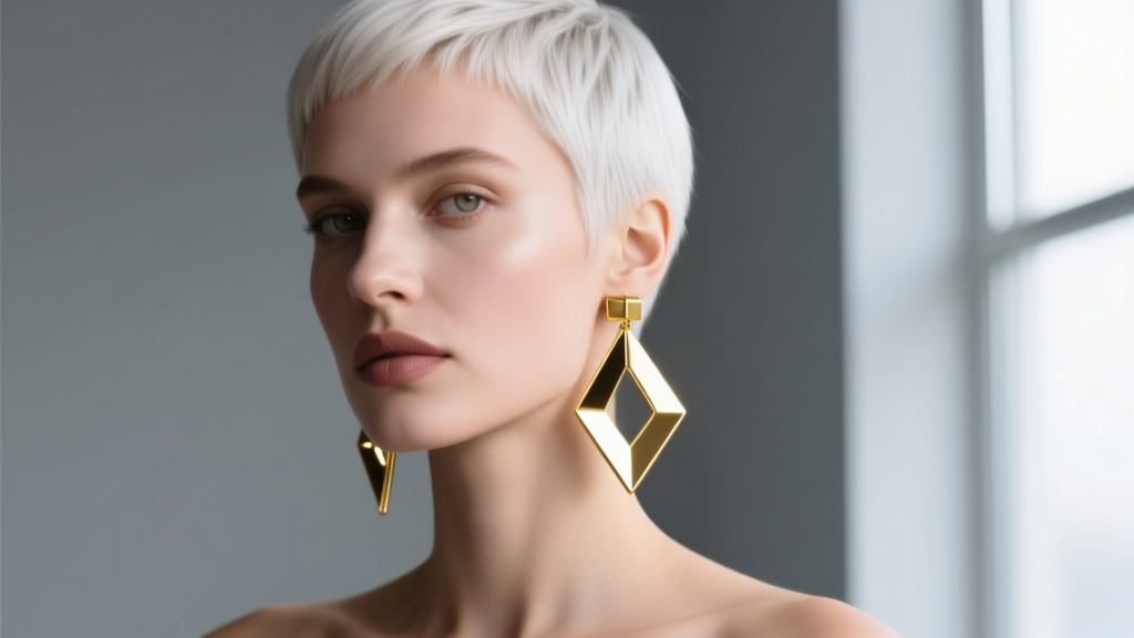 Woman with a platinum pixie cut wearing bold 14k gold geometric drop earrings against a neutral backdrop, soft lighting