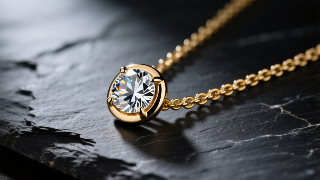 Raw diamond solitaire pendant on a textured 18k gold chain resting on dark slate under soft, moody directional lighting
