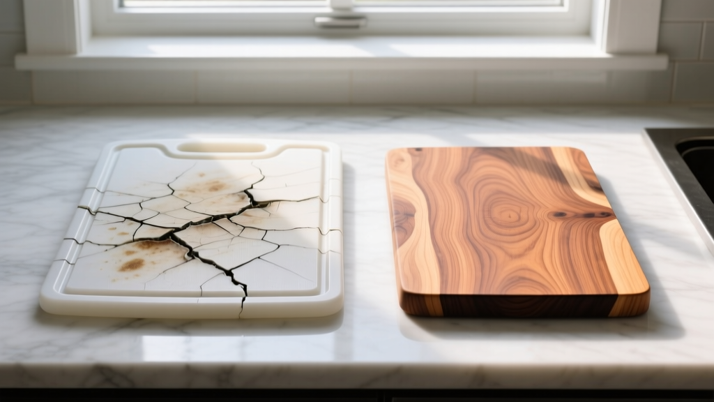 Split view of a deeply scarred warped plastic cutting board next to a pristine end-grain walnut cutting board on a marble counter