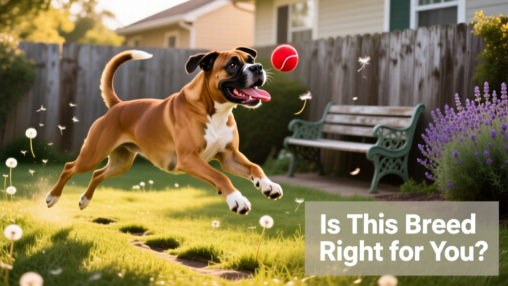 A joyful, energetic Boxer playing fetch in a sunlit backyard