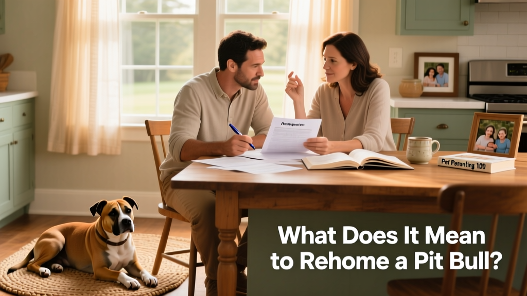 Two people reviewing adoption applications together at a kitchen table, with a relaxed Pit Bull resting nearby