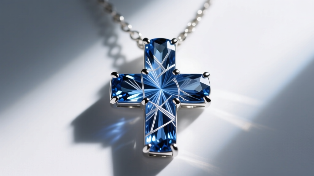 Loupe view of a natural sapphire cross pendant necklace, revealing microscopic rutile silk inclusions inside the central gem.