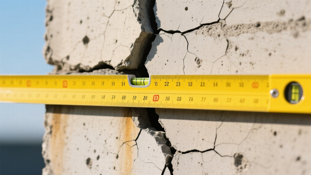 Close-up of a cracked concrete stem wall with a yellow crack gauge ruler placed across a diagonal structural fissure in bright daylight