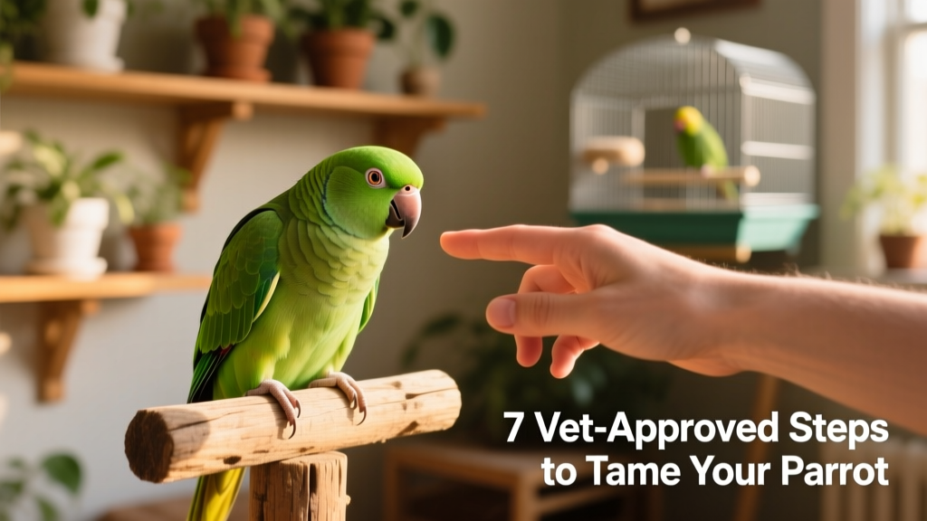 A gentle hand offering a treat to a small green parrot perched calmly on a wooden perch