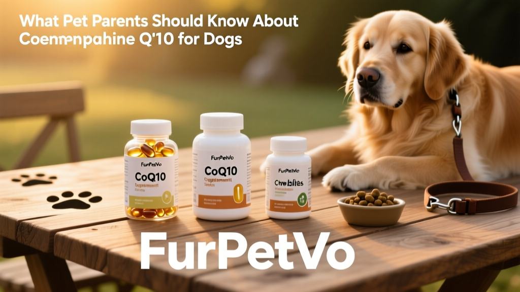 Side-by-side comparison of different CoQ10 supplement forms: softgels, capsules, and chewable tablets labeled 'FurPetVo'