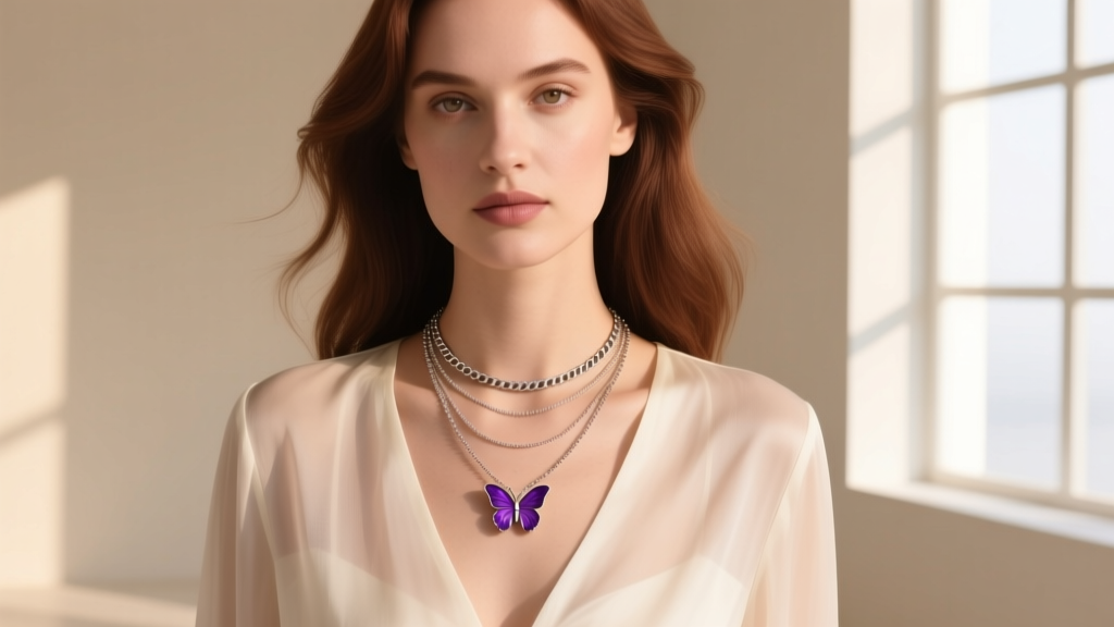 Woman wearing a layered necklace stack featuring a delicate 16-inch rolo chain with a small amethyst butterfly pendant over silk.