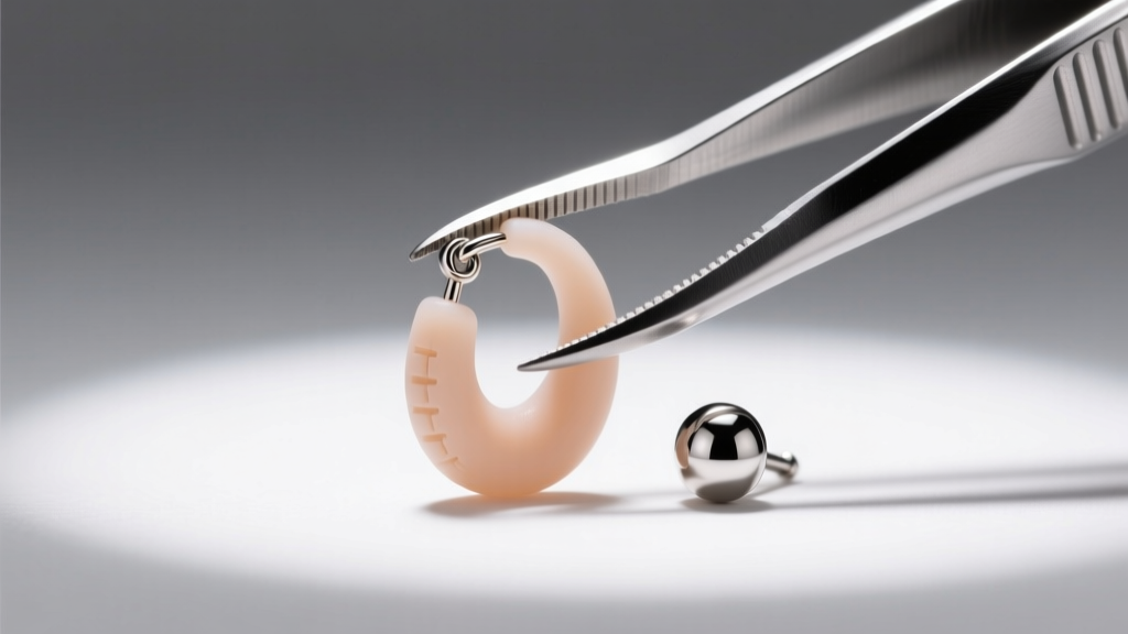 Close-up of precision tweezers gripping a softened silicone earring back, pulling it off a titanium stud under bright ring light.