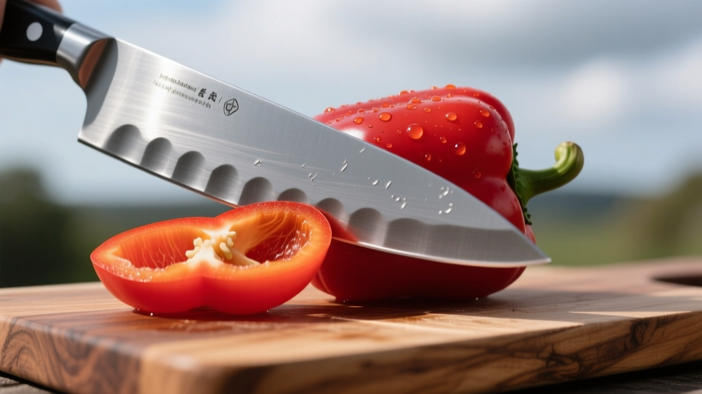 Close-up of a high-carbon steel chef knife slicing through a vibrant red bell pepper on a weathered teak cutting board outdoors.