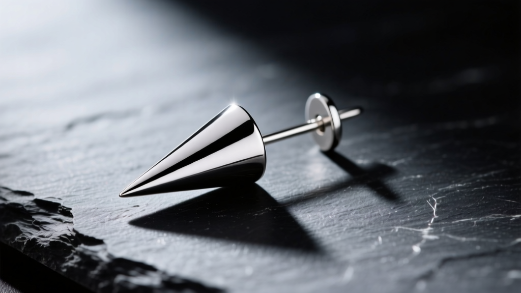 Close-up of a polished sterling silver spike earring resting on dark slate, highlighting the sharp conical tip and matte finish.