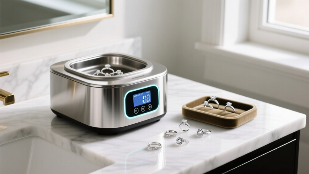 Stainless steel ultrasonic jewelry cleaner machine with digital display on marble vanity, sitting next to scattered diamond rings.