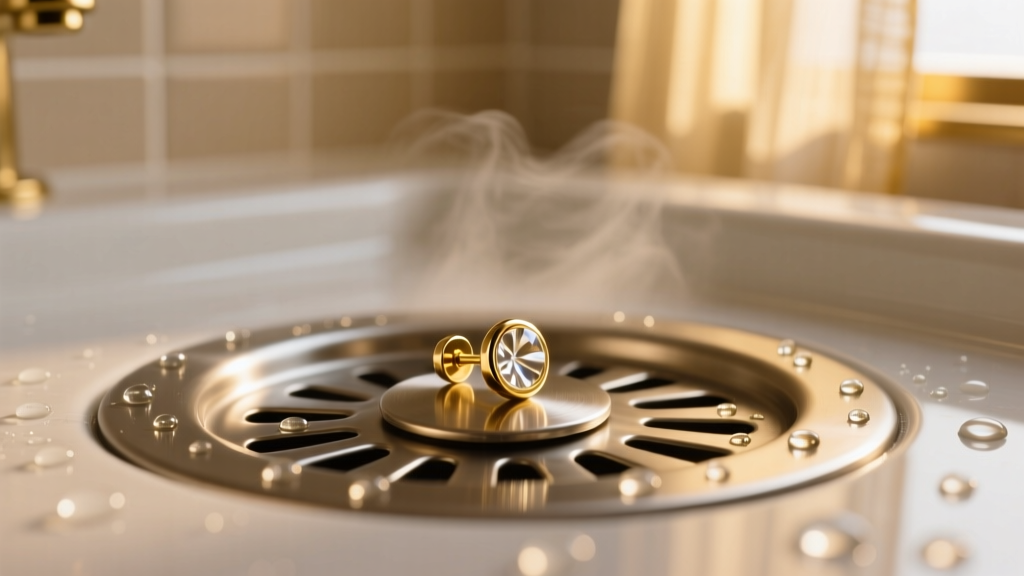 A small gold stud earring resting on a metal sink drain grate, surrounded by water droplets under soft, warm bathroom lighting.
