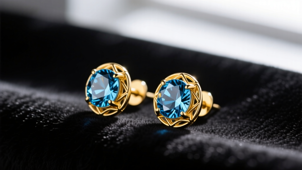 Macro photography of 14-karat yellow gold stud earrings featuring deep London blue topaz gemstones resting on dark velvet surface.