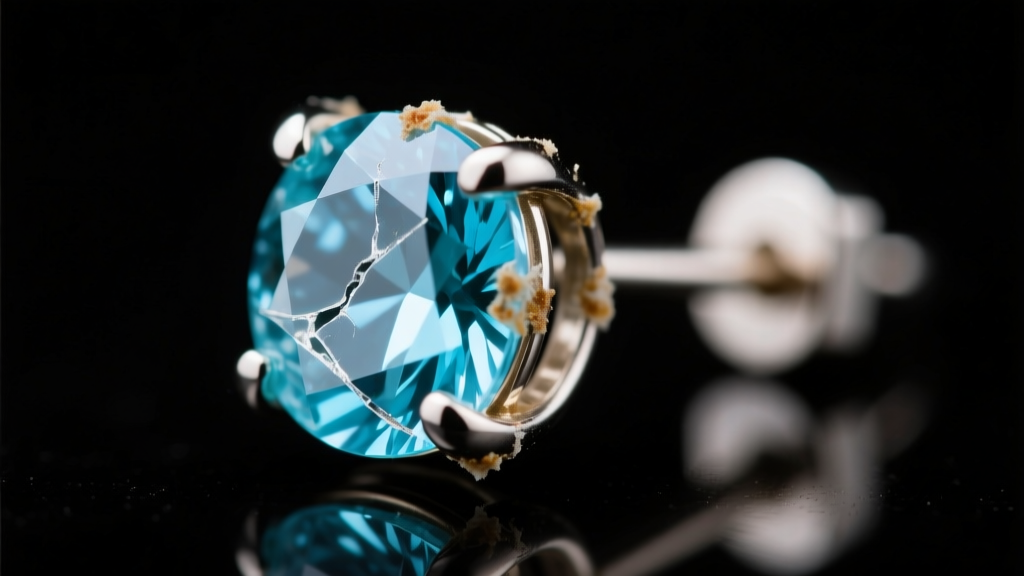 Extreme close-up of a flawed earring prong setting showing glue residue around an aquamarine stone under bright jeweler lighting.