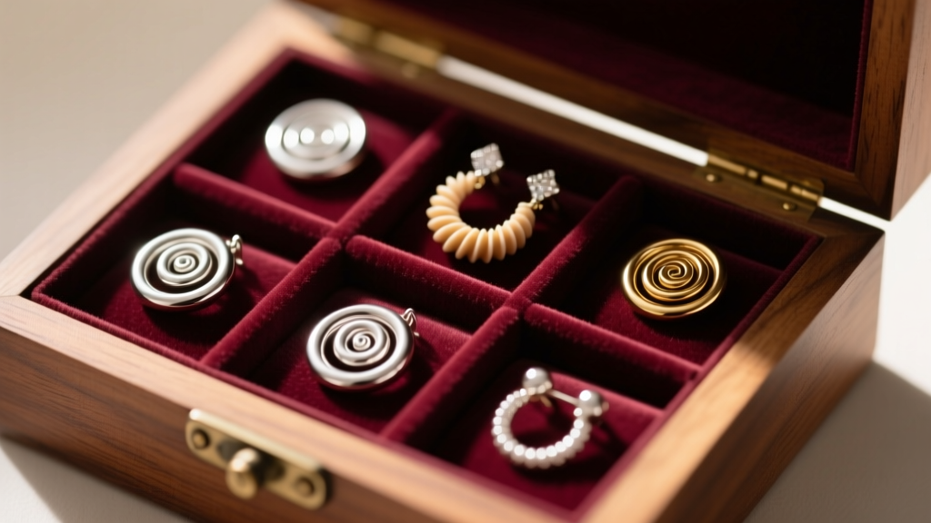 Spiral cartilage wraps neatly organized in individual velvet-lined compartments of a wooden jewelry box to prevent metal tangling.