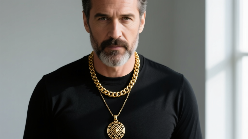Front portrait of a bearded man layering a tight 16-inch gold chain with a 22-inch pendant necklace over a black crew-neck shirt