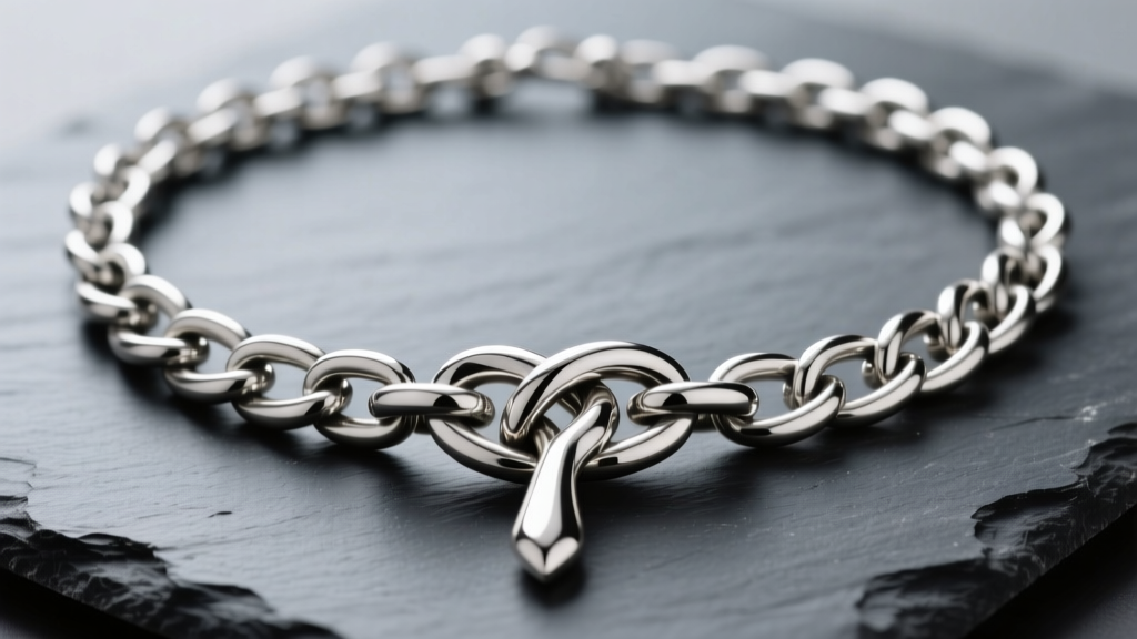Tangled 12-gauge sterling silver chunky lariat necklace on dark slate, highlighting the Y-drop knot and heavy interlocking metal links