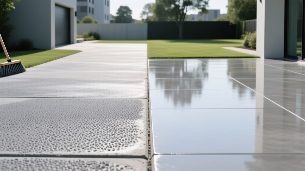 Side-by-side comparison of a textured gray broom finish concrete driveway and a glossy smooth troweled concrete patio surface