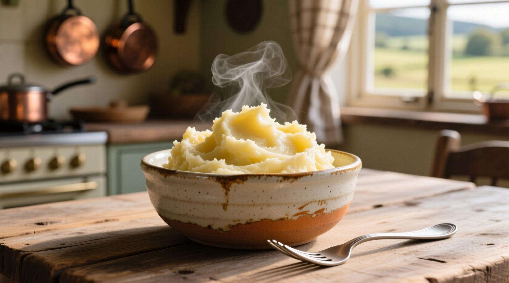 Creamy golden mashed potatoes in ceramic bowl