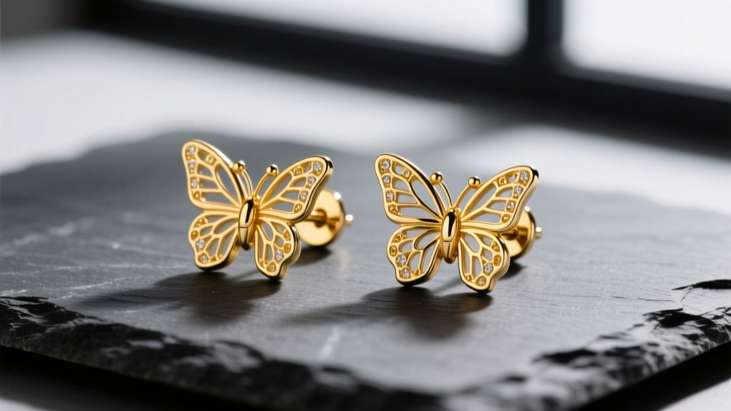 Close-up of 14k yellow gold butterfly stud earrings on dark slate, showing intricate wing details and polished friction posts
