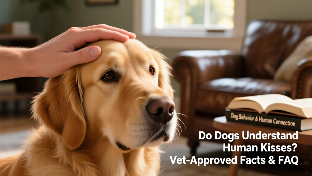 A close-up of a gentle human hand petting a relaxed golden retriever’s head while making soft eye contact