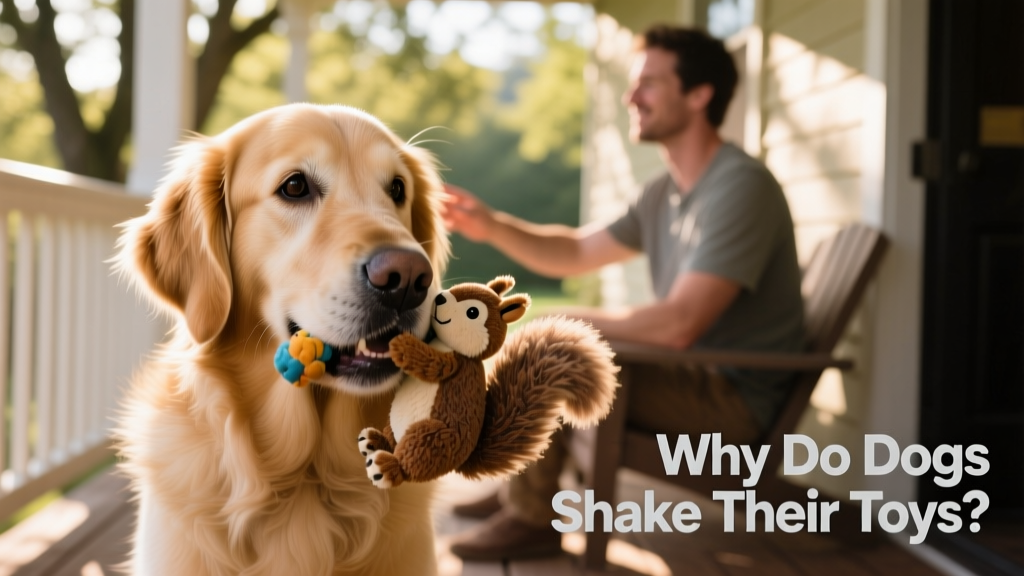 A calm, focused dog gently holding a soft toy in its mouth, making eye contact with their human partner