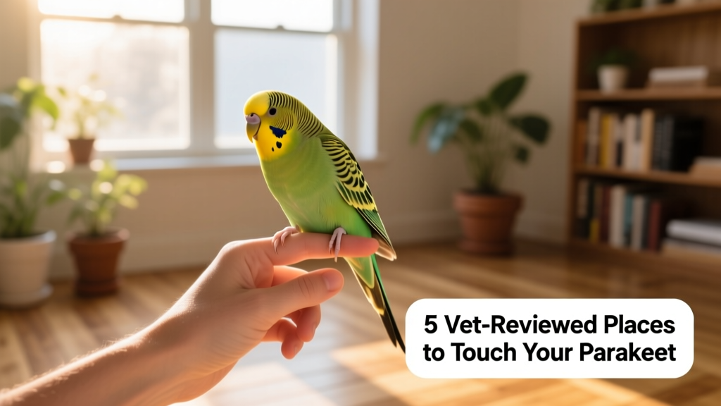 A calm, relaxed budgerigar perched on a human finger, head slightly tilted toward the hand