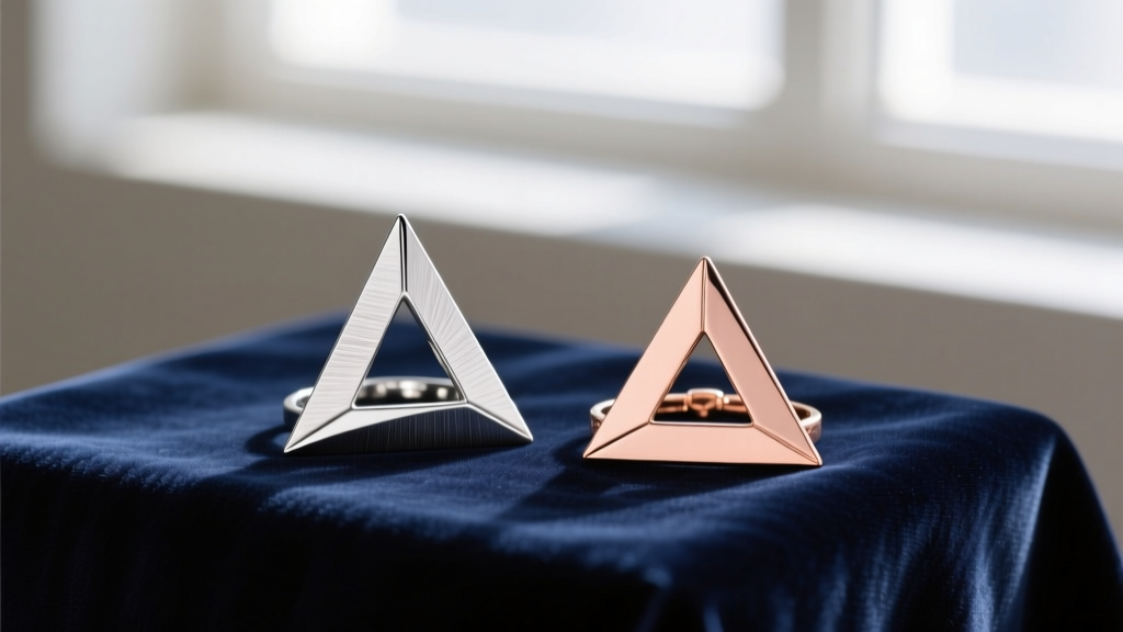 Dual jewelry display showing a point-up sterling silver triangle and a point-down rose gold triangle on dark velvet fabric