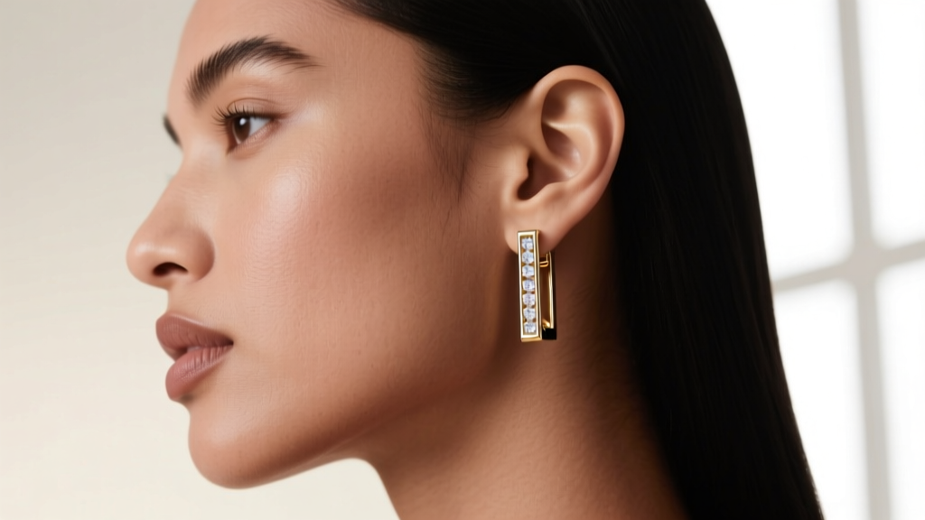 Side profile of a model wearing 18k white gold baguette huggie earrings, showcasing the snug earlobe fit and geometric layout