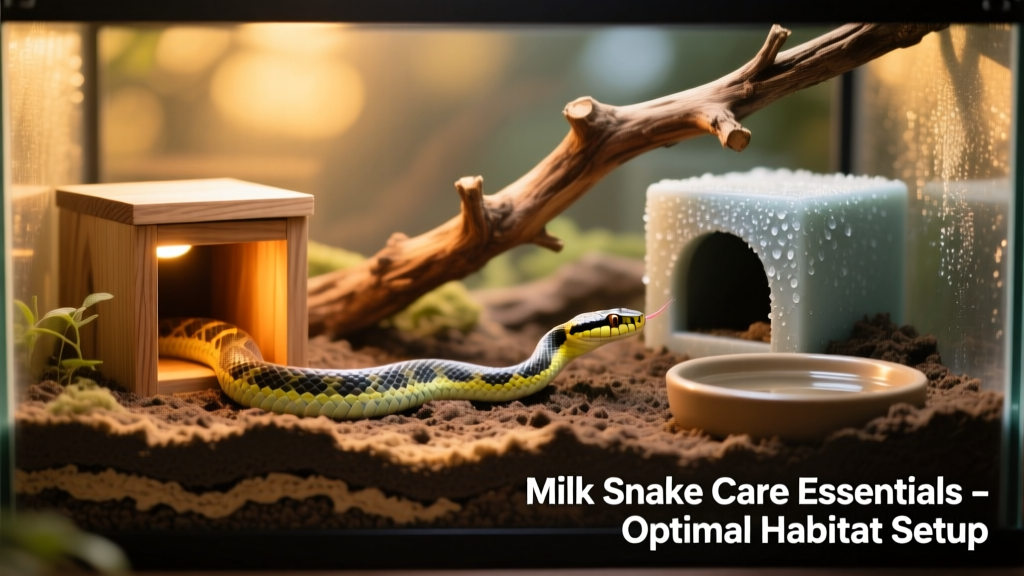 A well-furnished milk snake terrarium with layered substrate, two hide boxes (one warm, one cool), climbing branches, and a shallow water dish on the cool side