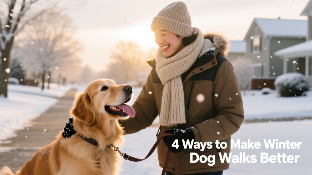 A happy dog and owner smiling together after a winter walk, both bundled up and holding leashes, with soft snow falling in the background