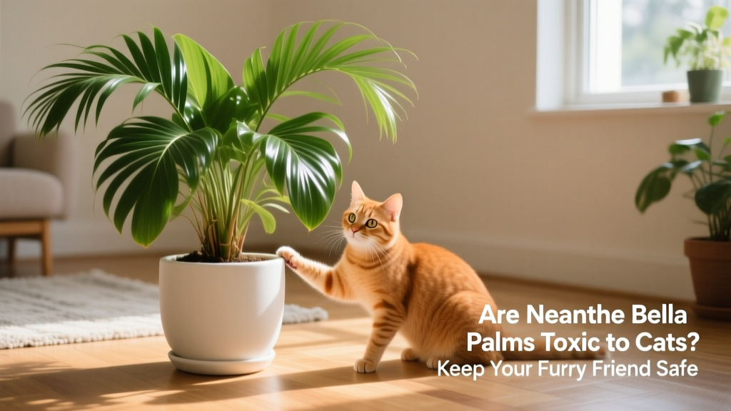 A healthy Neanthe Bella palm in a ceramic pot beside a curious cat sitting nearby