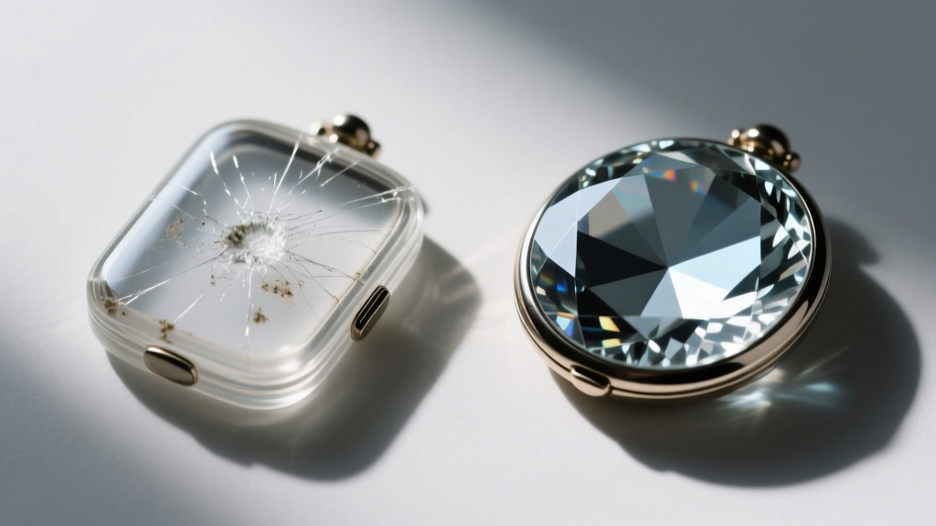 Side-by-side comparison of scratched acrylic locket cover next to pristine scratch-resistant sapphire crystal locket cover