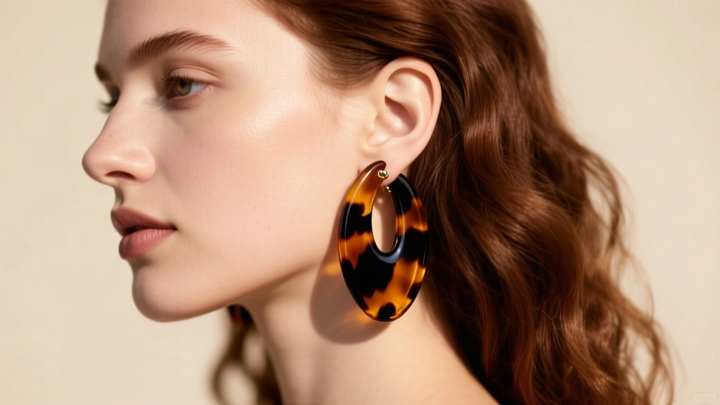 Side profile of a woman wearing a large, lightweight tortoiseshell resin clip-on earring, showing how it prevents earlobe drooping.