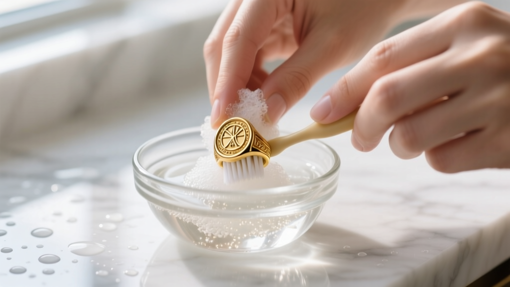 Hands gently scrubbing a gold plated signet ring with a soft baby toothbrush in a small glass bowl of soapy distilled water.