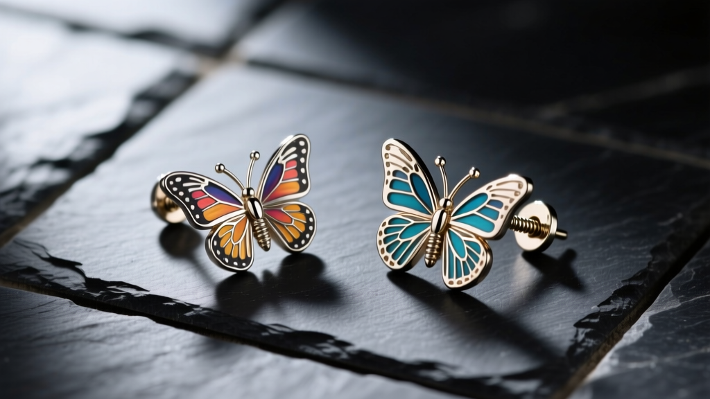Standard push-back butterfly earring clutch next to a threaded screw-back clutch on dark slate tile, captured in sharp macro.