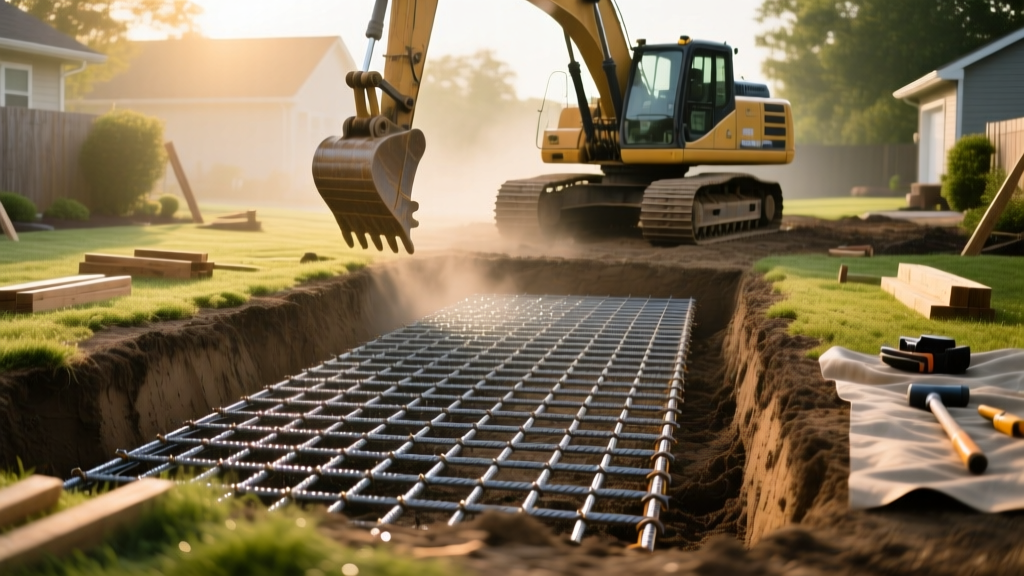 Backyard construction site with excavated rectangular hole, steel rebar grid laid out for a gunite swimming pool, and heavy machinery in the background