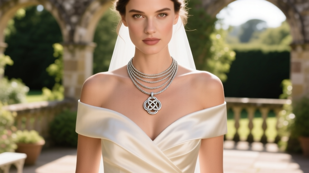 Elegant bride in off-the-shoulder gown styled with layered 1.2mm cable chain and a 2.5mm Celtic knot Alan Hannah silver pendant.