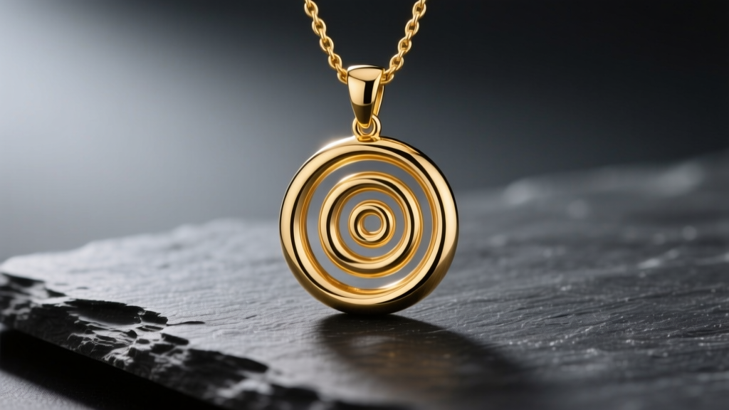 14k yellow gold spiral pendant resting on dark slate, illuminated by soft directional lighting to highlight the polished metal grain