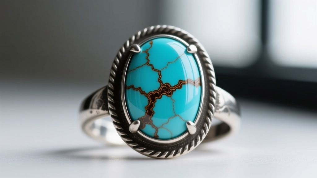 Macro shot of a stabilized turquoise cabochon set in an oxidized sterling silver bezel, showing intricate brown matrix veins.