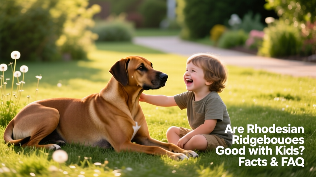 A calm Rhodesian Ridgeback resting beside a smiling child on a grassy lawn