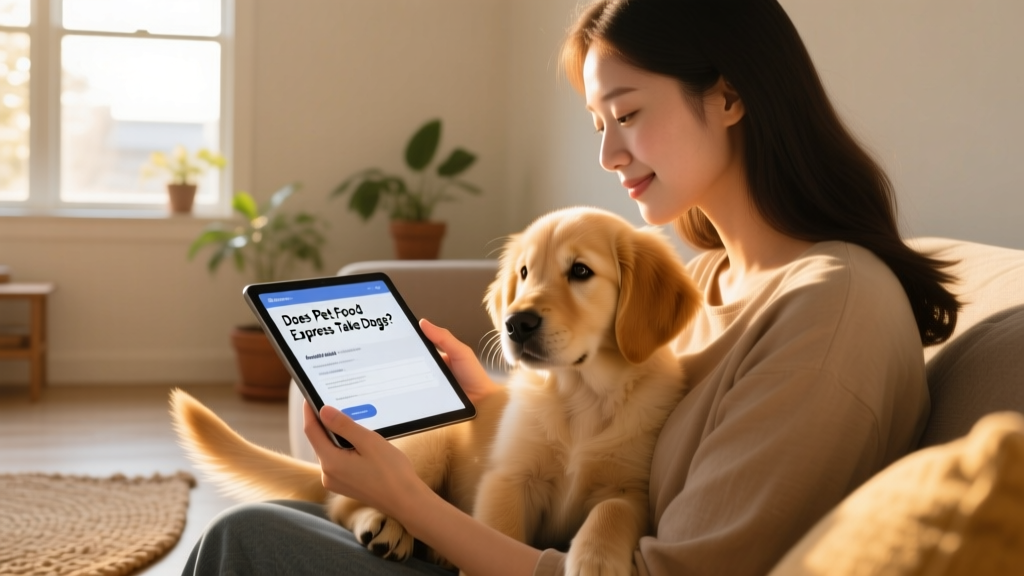 A person gently holding their dog while reviewing an adoption application on a tablet