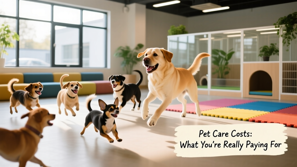 Group of dogs enjoying playtime at a doggy day care facility