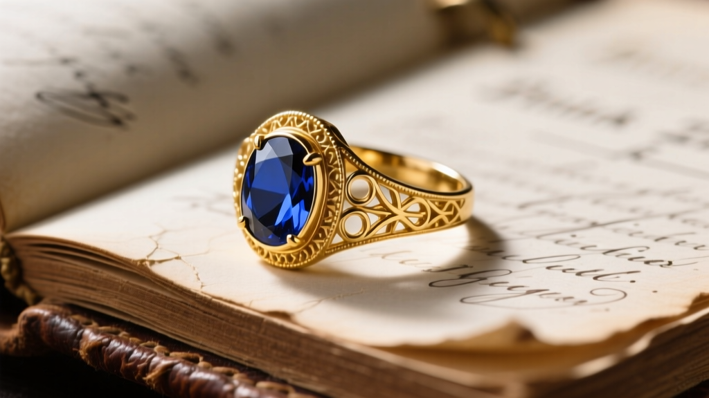 Side profile of 22k gold vintage cocktail ring featuring a cabochon sapphire resting on an antique leather estate appraisal ledger