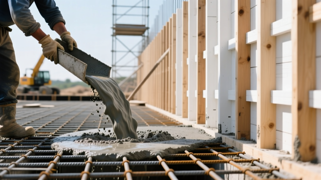 Workers pouring high-slump concrete onto a reinforced rebar grid for a monolithic slab foundation beside vertical wooden stem wall forms.