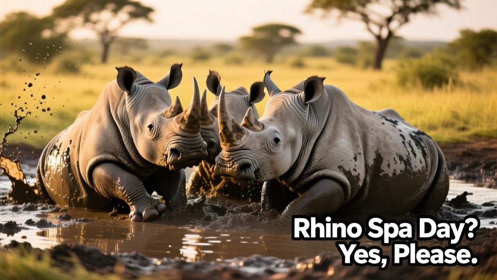 Three rhinos playfully rolling together in a thick, glistening mud bath at FurPetVo Wildlife Park