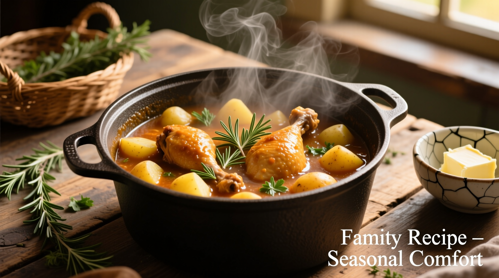 Hearty chicken potato stew in cast iron pot with fresh herbs