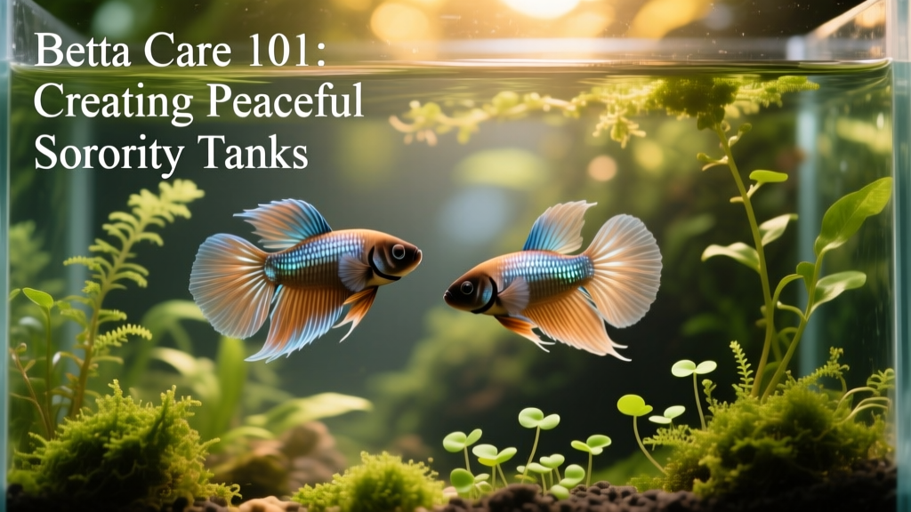 Two female bettas swimming calmly among floating plants in a heavily planted 10-gallon sorority tank
