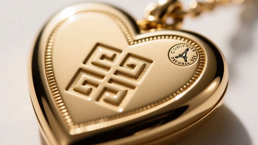 Macro shot of a Givenchy heart locket back, displaying the deep-engraved copyright hallmark and Paris stamp on gold-tone brass.