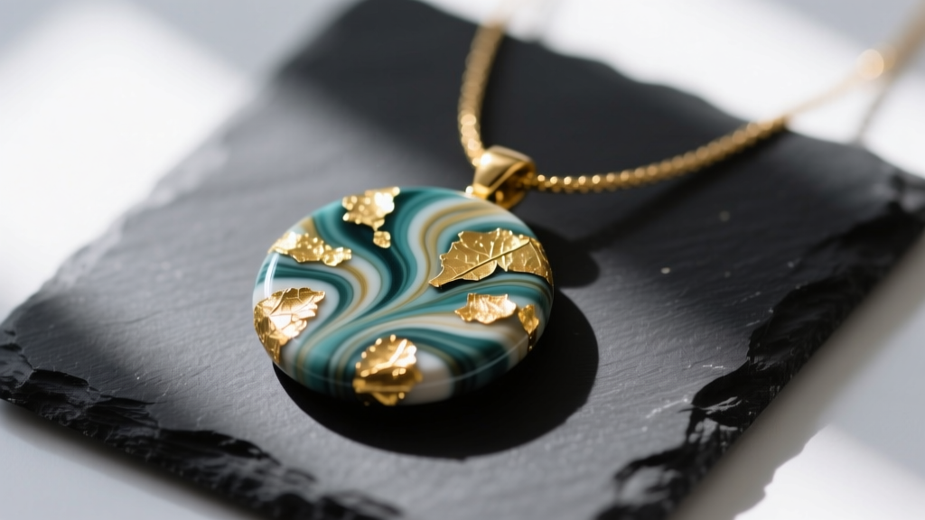 Macro photography of a handmade polymer clay necklace pendant featuring a terrazzo pattern with gold leaf flakes, resting on dark slate