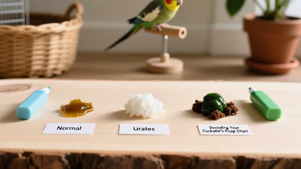 Side-by-side comparison showing normal vs. abnormal cockatiel droppings, with color-coded labels for urine, urates, and feces